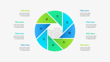 Illustration for Circle diagram divided into 8 parts with a octagon in the center. Template of eight options of business project infographic. - Royalty Free Image