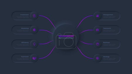 Illustration for Central circle with rounded elements on the both sides. Dark neumorphic flowchart infographic with 8 options. - Royalty Free Image
