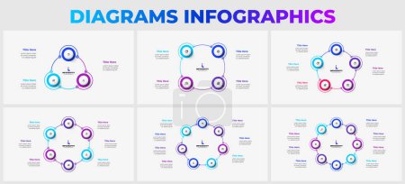 Illustration for Set of infographic presentation slides. Cycle diagrams with 3, 4, 5, 6, 7 and 8 steps, options, parts or processes. Vector illustration for business data visualization. - Royalty Free Image