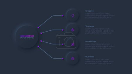 Illustration for Dark neumorphism infographic flowchart design template. Business data visualization with 4 steps, options, parts or processes. - Royalty Free Image