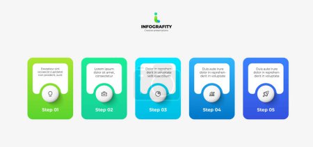 Illustration for Five banners with circles placed in horizontal row. Concept of 5 stages of strategic management process. Creative infographic design template. - Royalty Free Image