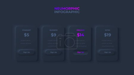 Illustration for Dark neumorphism price table concept. Pricing or subscription plan ui web elements. - Royalty Free Image