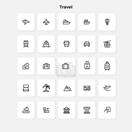 Ilustración de Conjunto de iconos de línea de viaje. Avión, tren, autobús y otros elementos turísticos. - Imagen libre de derechos