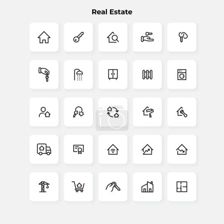 Illustration for Real estate line icons set. House, key, shower, bath, furniture and other elements. - Royalty Free Image