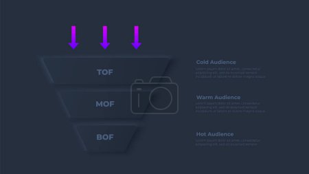 Illustration for Dark neumorphism sales funnel infographic. Illustration of cold, warm and hot audience. - Royalty Free Image