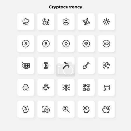 Ilustración de Conjunto de iconos de línea vectorial criptomoneda. Minería, canje, pagos y otros elementos del esquema. - Imagen libre de derechos
