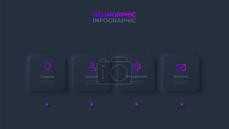 Illustration for Dark neumorphic timeline infographic. Skeuomorph concept with 4 options, parts, steps or processes. - Royalty Free Image
