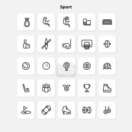 Ilustración de Conjunto de iconos de esquema deportivo. Baloncesto, bolos, fitness y otros elementos. - Imagen libre de derechos