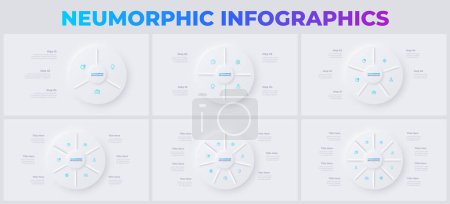 Illustration for Vector set of neumorphism infographic cycle elements with 3, 4, 5, 6, 7 and 8 options, steps, parts or processes. - Royalty Free Image