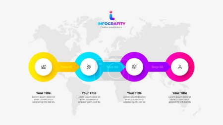 Illustration for Horizontal progress diagram with four circles and arrows. Concept of 4 steps of business timeline. Creative infographic design template with world map. - Royalty Free Image