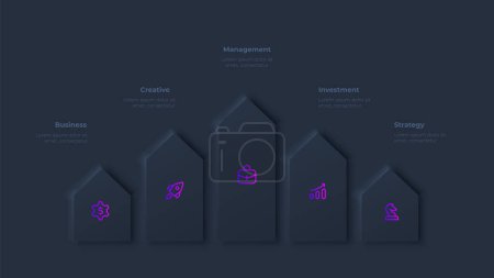 Illustration for Vertical arrows process infographic. Dark neumorphic design template with 5 options. - Royalty Free Image