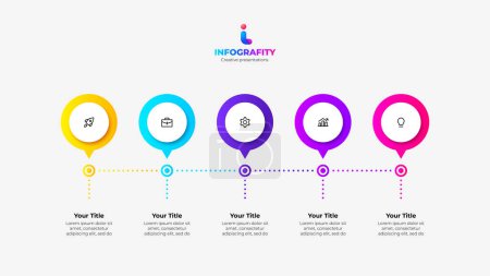 Illustration for Horizontal progress diagram with five circles. Concept of 5 steps of business timeline. Creative infographic design template. - Royalty Free Image
