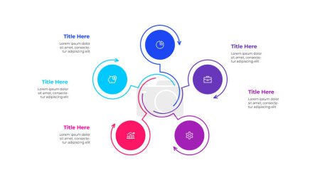 Illustration for Outline cycle diagram with 5 options or steps. Slide for business presentation. Circle abstract element divided into three parts. - Royalty Free Image