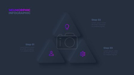 Illustration for Three dark neumorphic triangles. Concept of 3 options of business development process. Infographic elements. - Royalty Free Image