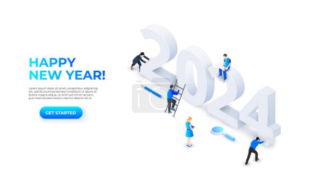 Illustration for The New Year 2024 isometric numbers illustration. Landing page with people. Startup year. - Royalty Free Image