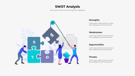 Illustration for Illustration of SWOT analysis or strategic planning. Infographic design template. A man lifts a puzzle piece on a rope. - Royalty Free Image