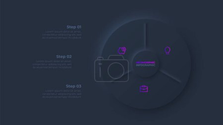 Illustration for Circle diagram divided into 3 sectors. Design concept of three steps or parts of business cycle. Dark neumorphic infographic design template. - Royalty Free Image