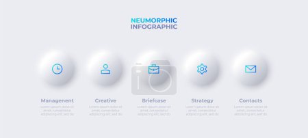 Illustration for Data visualization for presentation in neumorphism style. Infographic elements. Business concept with 5 options. Timeline development process. - Royalty Free Image