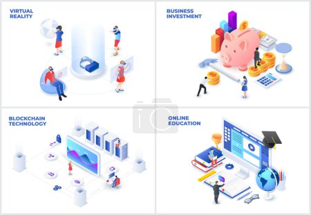 Illustration for Isometric set with virtual reality, blockchain, online education and business investment. - Royalty Free Image