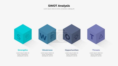 Illustration for Isometric cubes with SWOT letters. Strength, weakness, opportunity and threat design. - Royalty Free Image