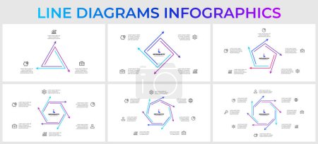 Illustration for Outline infographic diagrams set with 3, 4, 5, 6, 7 and 8 options, steps or processes. - Royalty Free Image