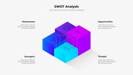 Ilustración de Cuatro cubos isométricos para infografía SWOT. - Imagen libre de derechos