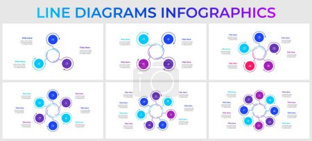 Illustration for Set of linear infographic elements of cycle diagram template with 3, 4, 5, 6, 7 and 8 circles and icons. - Royalty Free Image