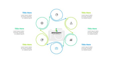 Illustration for Infographic element of cycle diagram template with 6 circles and icons. Linear vector illustration for business progress performance. - Royalty Free Image
