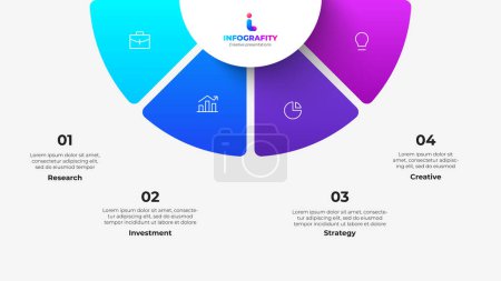 Illustration for Semicircle pie chart divided into 4 parts. Concept of four features of startup project to select. - Royalty Free Image