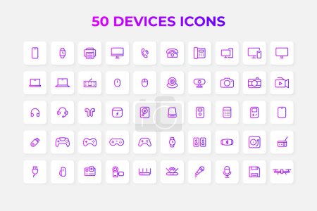 Illustration for 50 office devices and gadgets line icons collection. Thin outline icons pack. - Royalty Free Image
