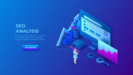 Illustration for Dark SEO analysis design concept. Isometric vector illustration. Landing page template for web. - Royalty Free Image