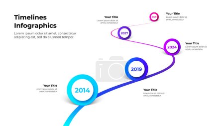 Illustration for Vector infographic company milestones with years. Timeline template with pointers on a curved road line. - Royalty Free Image