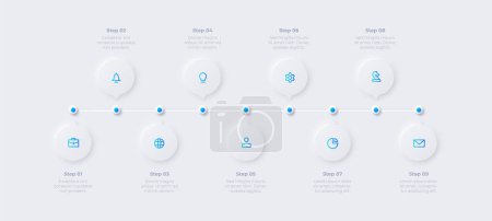 Illustration for Neumorphism timeline infographic. Process visualization with 9 options, parts or steps. - Royalty Free Image