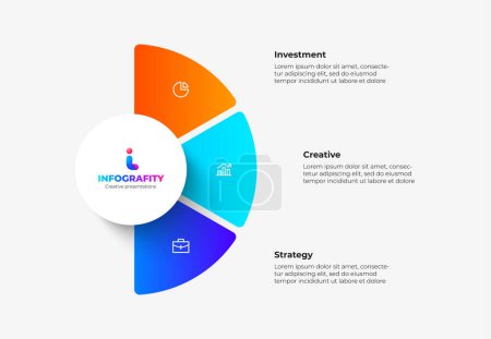 Illustration for Semicircle pie chart divided into 3 parts. Concept of three features of startup project to select. - Royalty Free Image