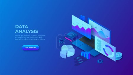 Illustration for Data analysis design concept with laptop and charts. Dark isometric vector illustration. - Royalty Free Image