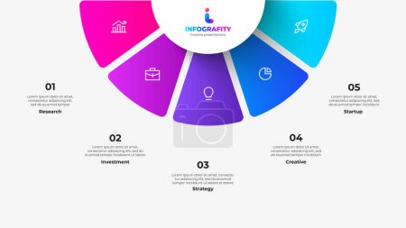 Illustration for Semicircle pie chart divided into 5 parts. Concept of five features of startup project to select. - Royalty Free Image