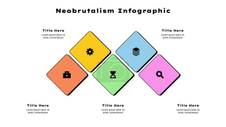 Téléchargez les illustrations : Infographie néobrutalistique avec 5 carrés. Concept de cinq étapes du calendrier de l'entreprise. - en licence libre de droit