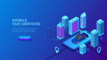 Illustration for Dark blue isometric vector illustration. Mobile taxi service design concept with smartphone, car and city. - Royalty Free Image