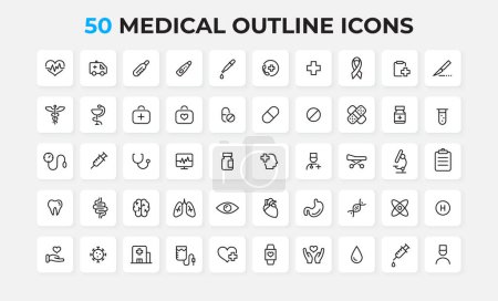 Téléchargez les illustrations : Collection d'icônes de ligne médicale. Décrivez la médecine et les soins de santé. - en licence libre de droit