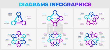 Illustration for Slides with cycle infographics elements for business presentation. Concept with 3, 4, 5, 6, 7 and 8 options, parts or steps. - Royalty Free Image