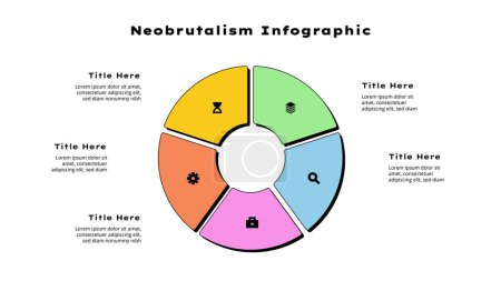 Téléchargez les illustrations : Diagramme de néobrutalisme de cycle divisé en 5 options. Modèle de conception infographique cercle. - en licence libre de droit