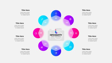 Illustration for Cycle scheme with eight circles and glassmorphism octagon. Concept of business process with 8 steps. Infographic design template. - Royalty Free Image