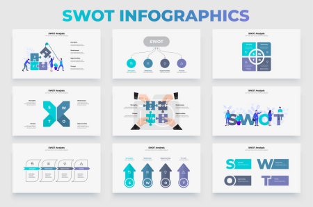 Téléchargez les photos : Ensemble de modèles d'infographie SWOT pour la présentation d'entreprise. Diagrammes abstraits et illustrations plates. - en image libre de droit