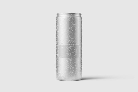 Photo pour Boite de boisson en aluminium 250ml avec gabarit de maquette gouttes d'eau, isolée sur fond gris clair. Haute résolution. - image libre de droit