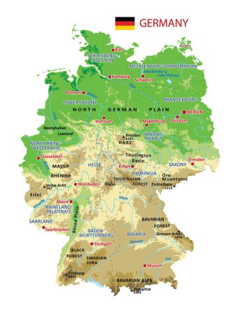 Hochdetaillierte physikalische Deutschlandkarte mit Regionen, Flüssen, Seen, Bergen und Topographie - Vektorillustration