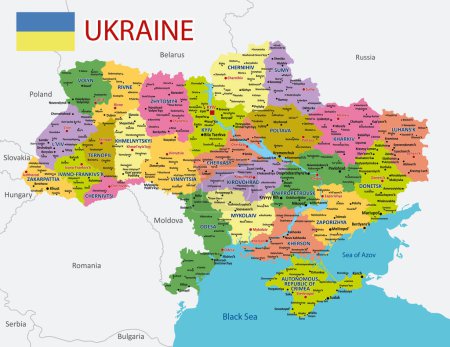 Ilustración de Political map of Ukraine with borders of the regions. Administrative detailed map of Ukraine with cities, and regions.Vector illustration - Imagen libre de derechos