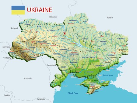Ilustración de Mapa topográfico de Ucrania. Mapa geográfico de Ucrania con las fronteras de las regiones. Alto mapa físico detallado de Ucrania con etiquetado. Atlas de Ucrania con ríos, lagos, mares, montañas y llanas.Vector ilustración - Imagen libre de derechos
