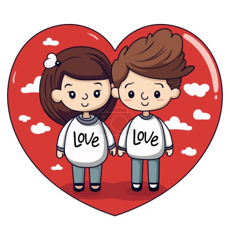 Illustration for Happy boy and girl touch hands, feel in love. A cartoon couple is experiencing a moment of close bonding. Good relationship concept. Flat vector illustration. Couple in love against the background of Hearts with clouds - Royalty Free Image