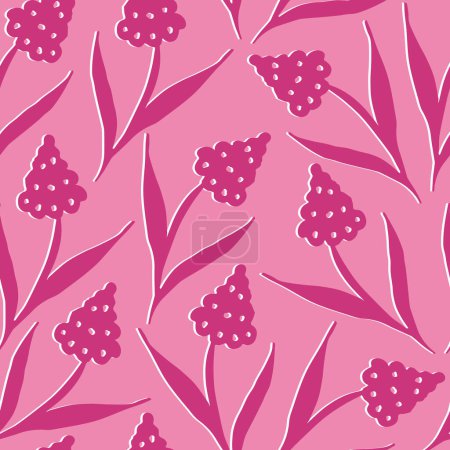 Einfaches florales Design. Silhouetten blühender rosafarbener Blumen im Vintage-Stil. Elegantes, nahtloses botanisches Muster von Frühlingsblumen. Natürliche Ornamente für Textilien, Stoffe, Tapeten, Oberflächengestaltung