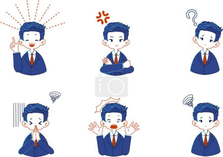 Illustration for Set of illustrations of various facial expressions of a person wearing a suit - Royalty Free Image